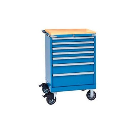 Lista International Lista 7 Drawer 24"W Shallow Depth Mobile Cabinet w/Butcher Block Top-Bright Blue, Master Keyed XSST0750-0701M-BTBBMA